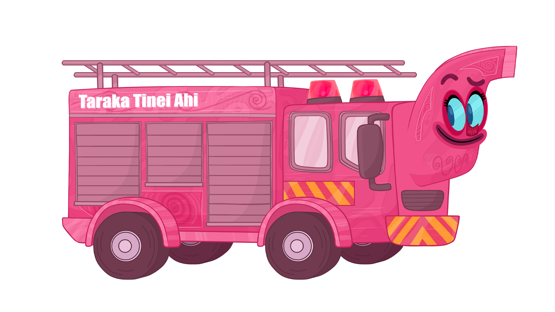 A pink cartoon fire truck with a smiling face, big blue eyes, and decorative swirls, with the words "Taraka Tinei Ahi" written on the top.