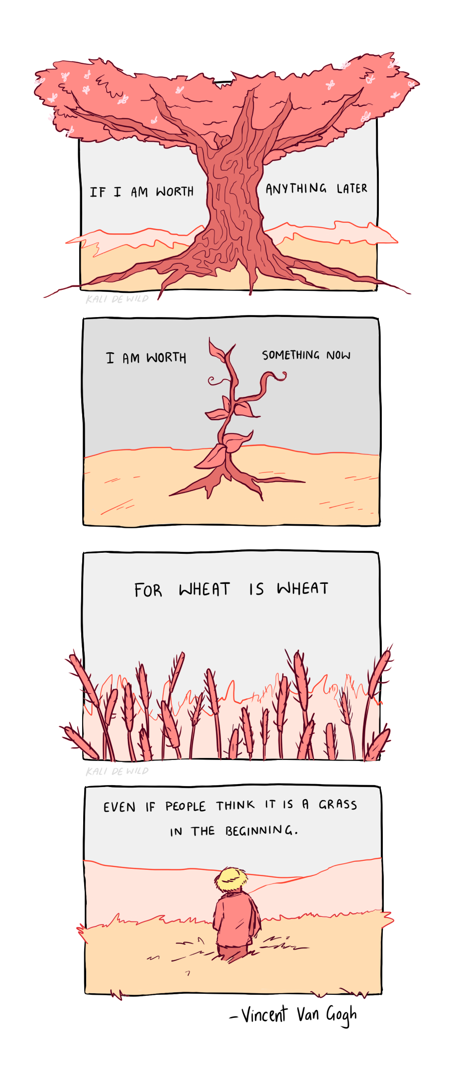 A series of four cartoon-style illustrations featuring trees and a person, with the quote by Vincent Van Gogh about worth and wheat, emphasizing growth and perception.