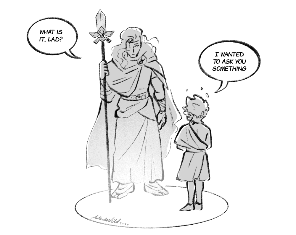 A black and white cartoon of a medieval knight holding a spear talking to a young boy. The knight asks, "What is it, lad?" and the boy responds, "I wanted to ask you something."