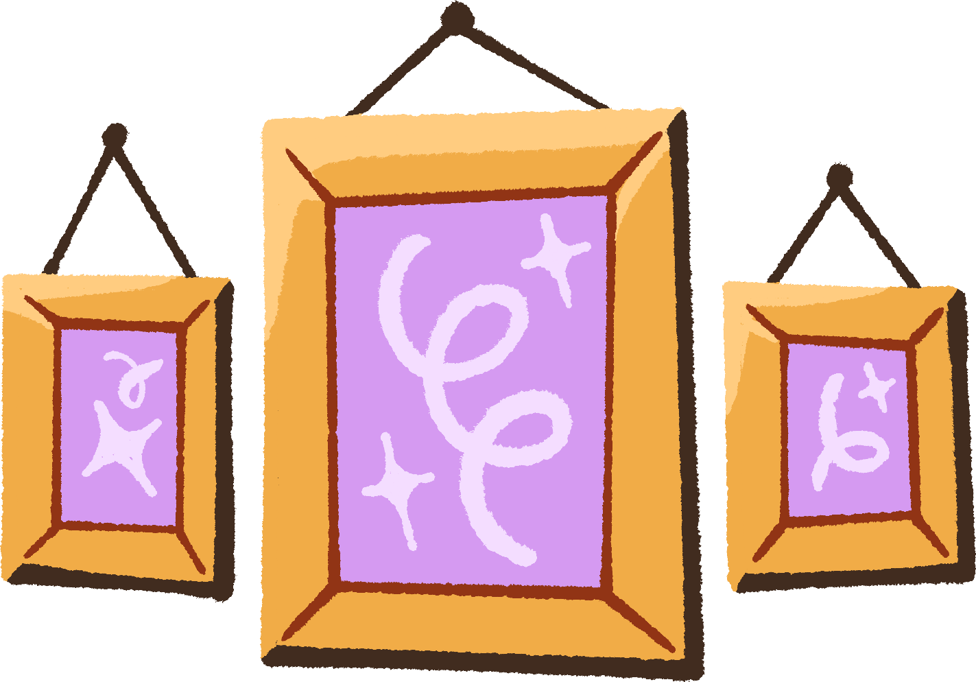 Three framed pictures on a wall, with the larger center picture and two smaller pictures on either side, all featuring purple backgrounds with abstract white swirls and star shapes.