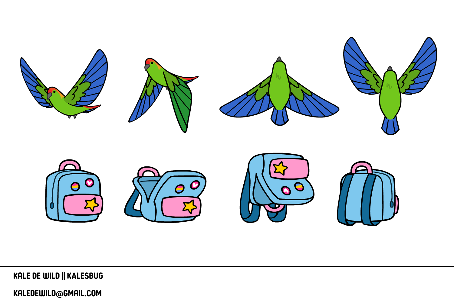 Four colorful cartoon birds flying above four matching backpacks, all in bright colors with stars and heart designs.