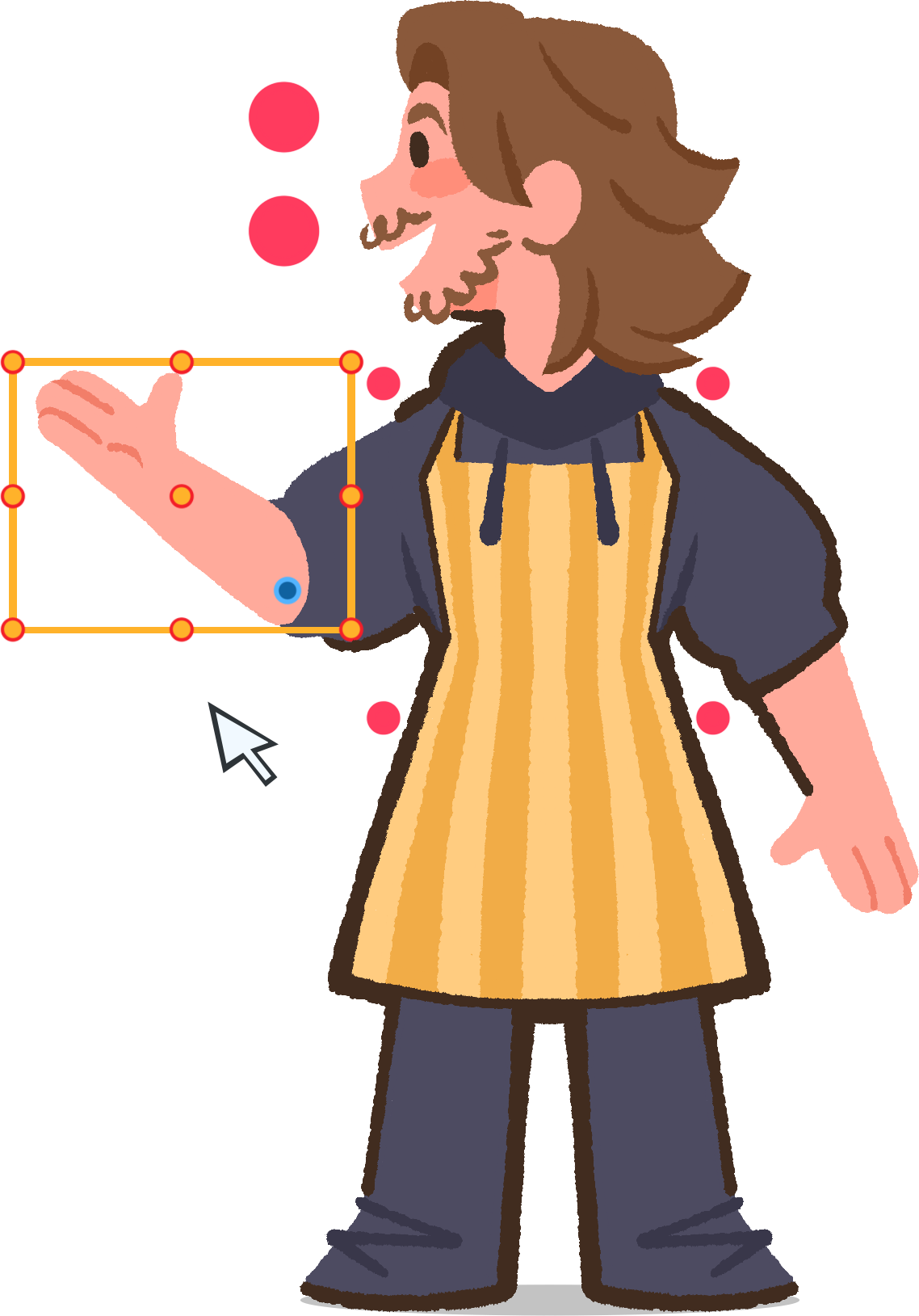 Digital illustration of person with medium-length brown hair, black eyes, and light pink skin, wearing a striped yellow apron over a dark blue shirt.