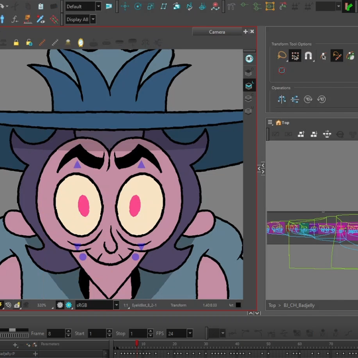 A colorful computer animation of a cartoon character with purple skin, large pink and yellow eyes, black eyebrows, and a wide, smiling mouth. The character is wearing a large blue hat with a spiky top and a matching outfit. The animation software interface is visible around the character.
