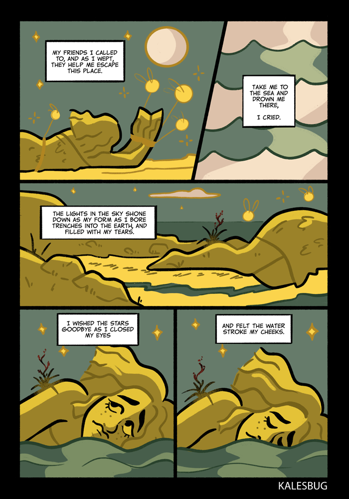 Comic strip showing a person contemplating escape, with scenes of the sea, stars, and water. The person wishes to be taken to the sea and drowns, sharing feelings of sadness and longing.