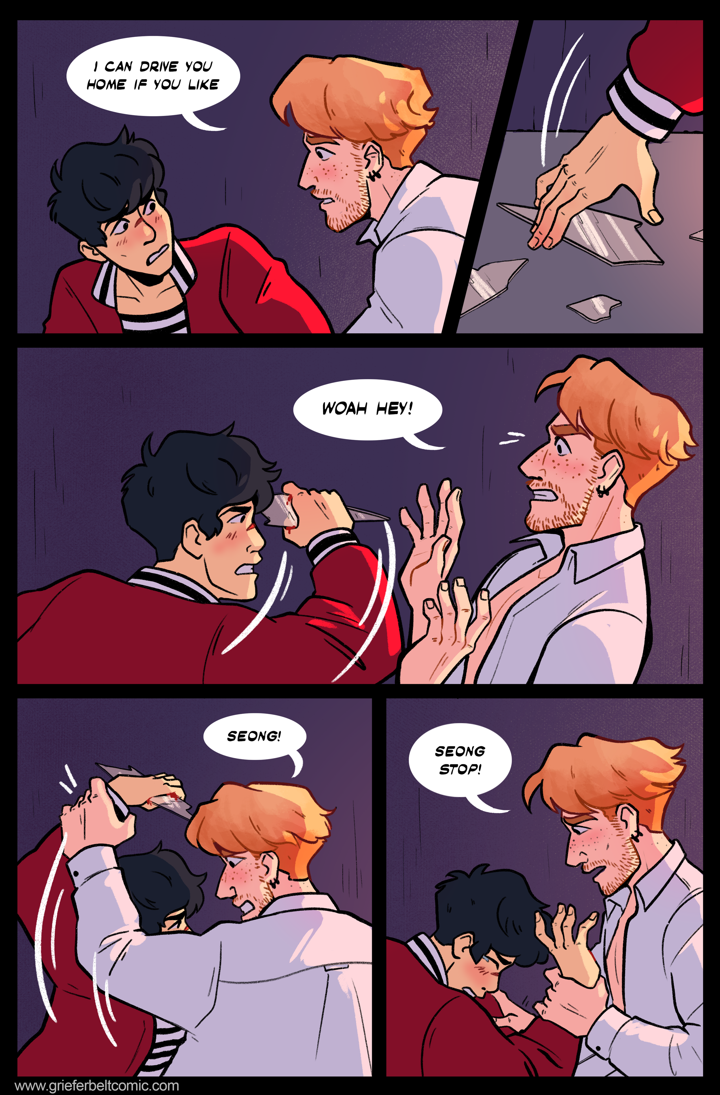 Two young men arguing in a comic strip, one offering to drive the other home, then attempting to hit him with a card, and finally being stopped by another man.