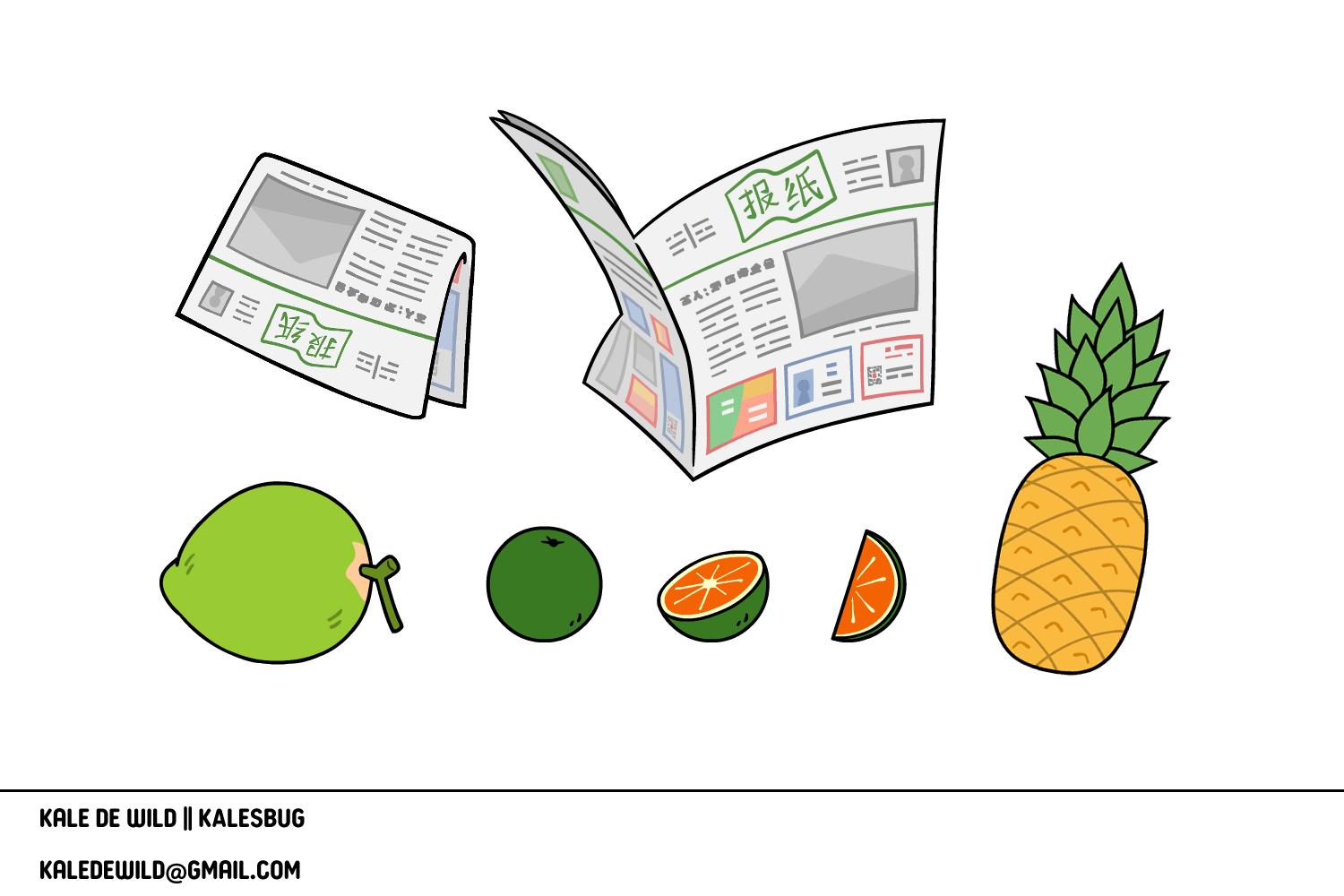 Illustration of a pineapple, orange, lime, lemon, and lime slices, with two newspapers, one folded and one open, displaying text and images.