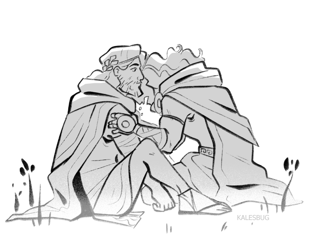 A black and white line drawing of two medieval or fantasy characters, one older man with a beard and a younger woman, sitting on the ground close together, sharing a tender moment.