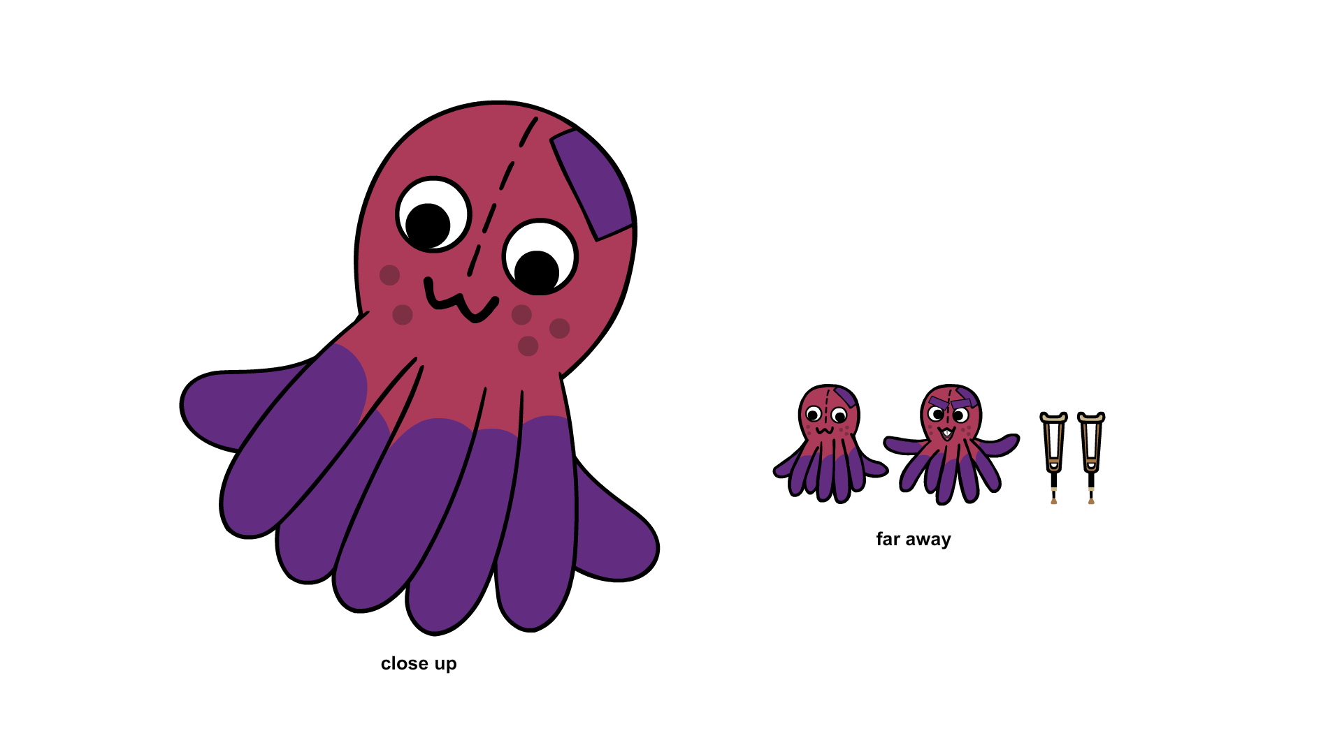 Illustration of a cute purple and red octopus with a close-up of its face, two smaller octopuses labeled 'far away', and two crutches labeled 'crutches' on the right side.