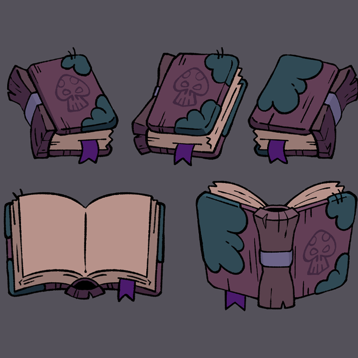 Collection of five animated purple books with skull symbols on the covers and purple bookmarks, shown in various closed and open positions against a gray background.