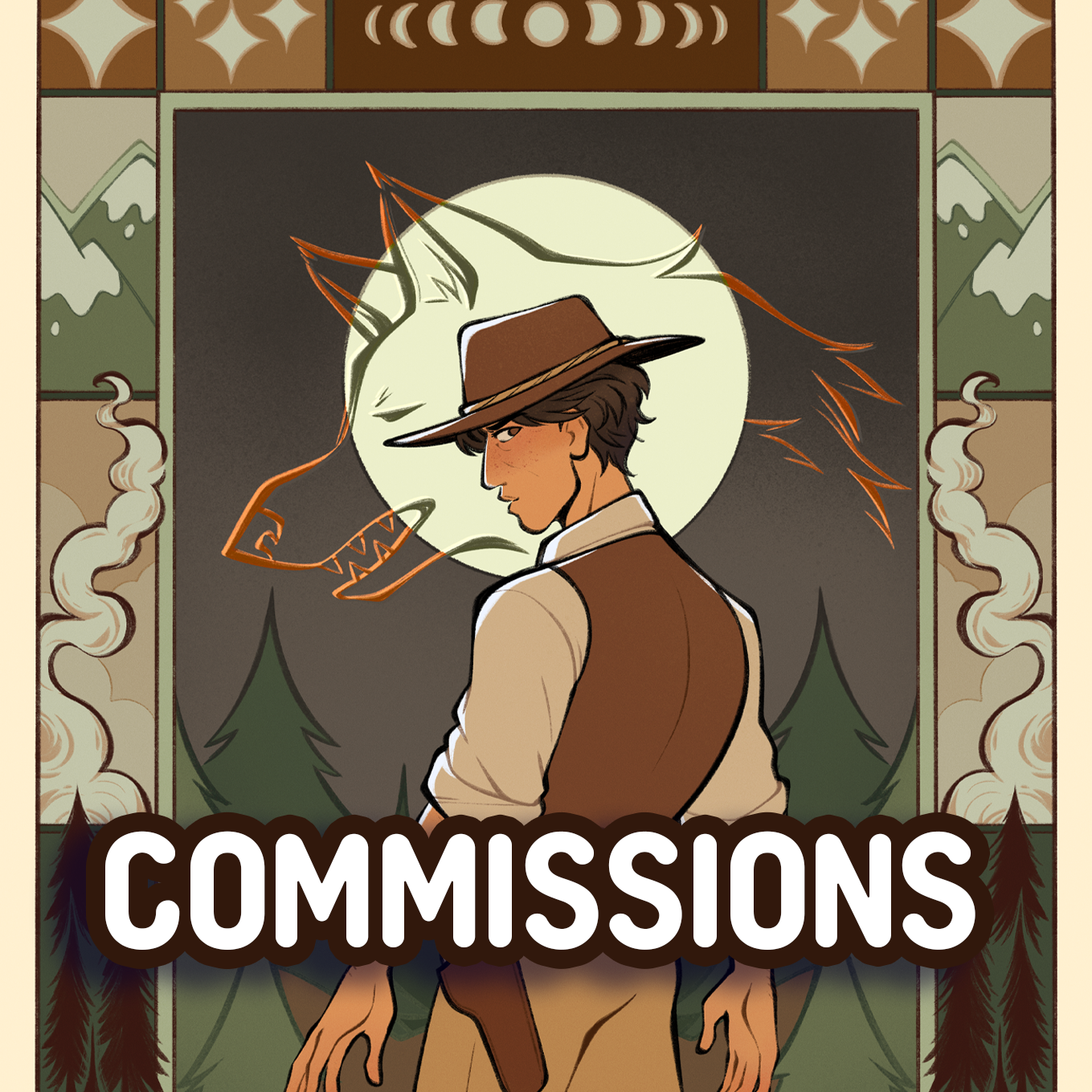Digital illustration of a young man wearing a brown fedora and vest, looking over his shoulder. Behind him, a stylized full moon with a roaring wolf's head silhouette in front of it. The background features trees and mountainous landscape. The text "COMMISSIONS" is at the bottom.