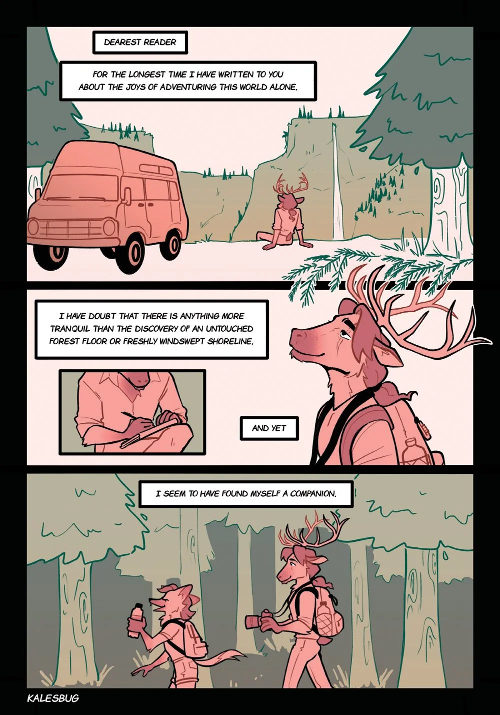 A comic panel featuring a deer-headed humanoid with antlers, sitting on a forested cliffside and looking out at a waterfall in the distance. A pink van is parked nearby. The comic includes text expressing a solitary adventure, reflection on nature, a