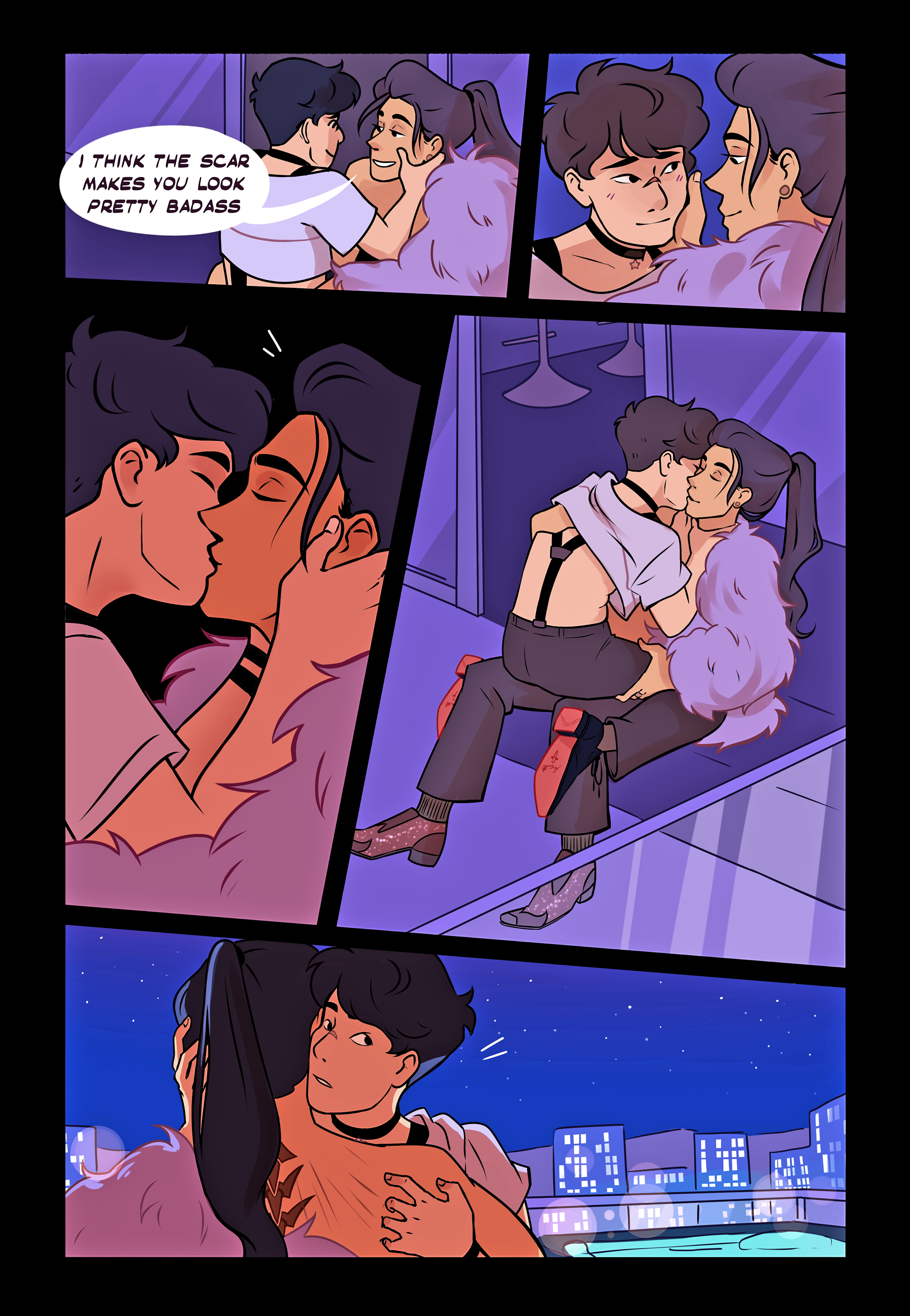 A comic strip showing two characters sharing moments of affection and intimacy on a rooftop at night, with city buildings in the background and a swimming pool.