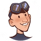 A cartoon character with goggles on his head, smiling.