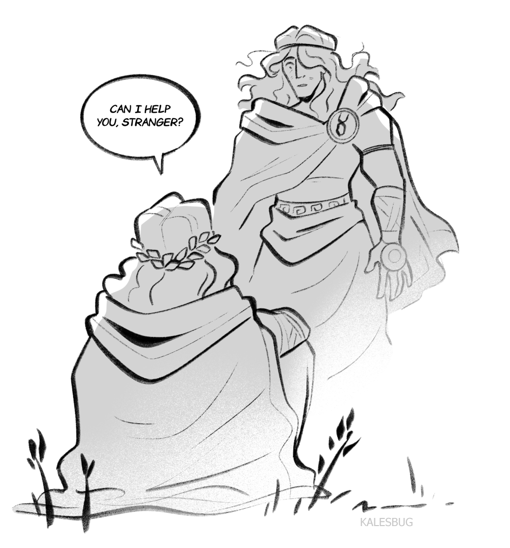 A black-and-white sketch of two medieval or fantasy characters outdoors. One character, with a laurel wreath, is kneeling and facing away from the viewer, while the other, with long curly hair and wearing a cape and armor, is standing and leaning sli