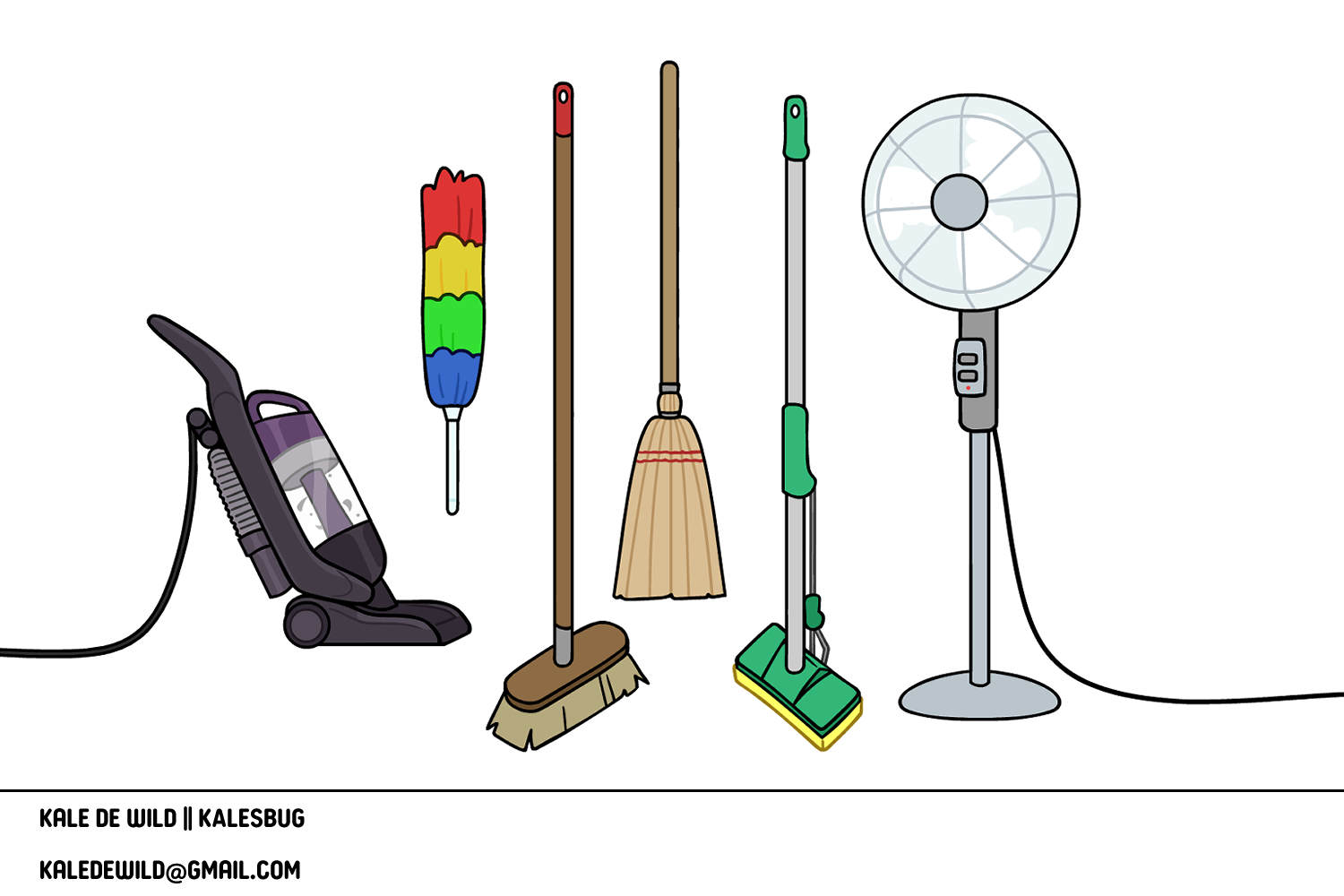 Collection of cleaning tools including a vacuum cleaner, rainbow-colored duster, brown broom, green and gray mop, and an electric fan, all lined up on a white background. Contact information at the bottom.