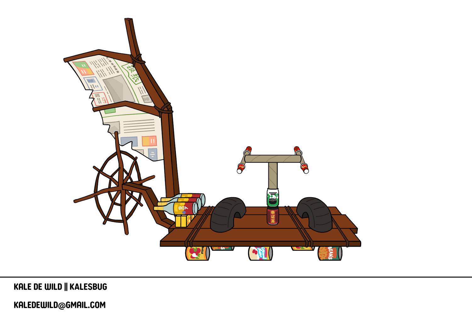 A cartoon illustration of a makeshift skateboard ramp constructed from wooden pallets, tires, and scrap materials, with a newspaper-covered sail attached to a wooden pole and various cans and bottles scattered around.