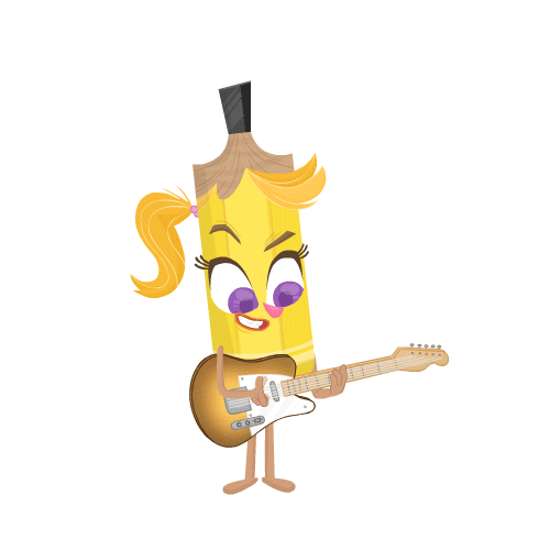 Animated banana character with a ponytail, holding an electric guitar, smiling.