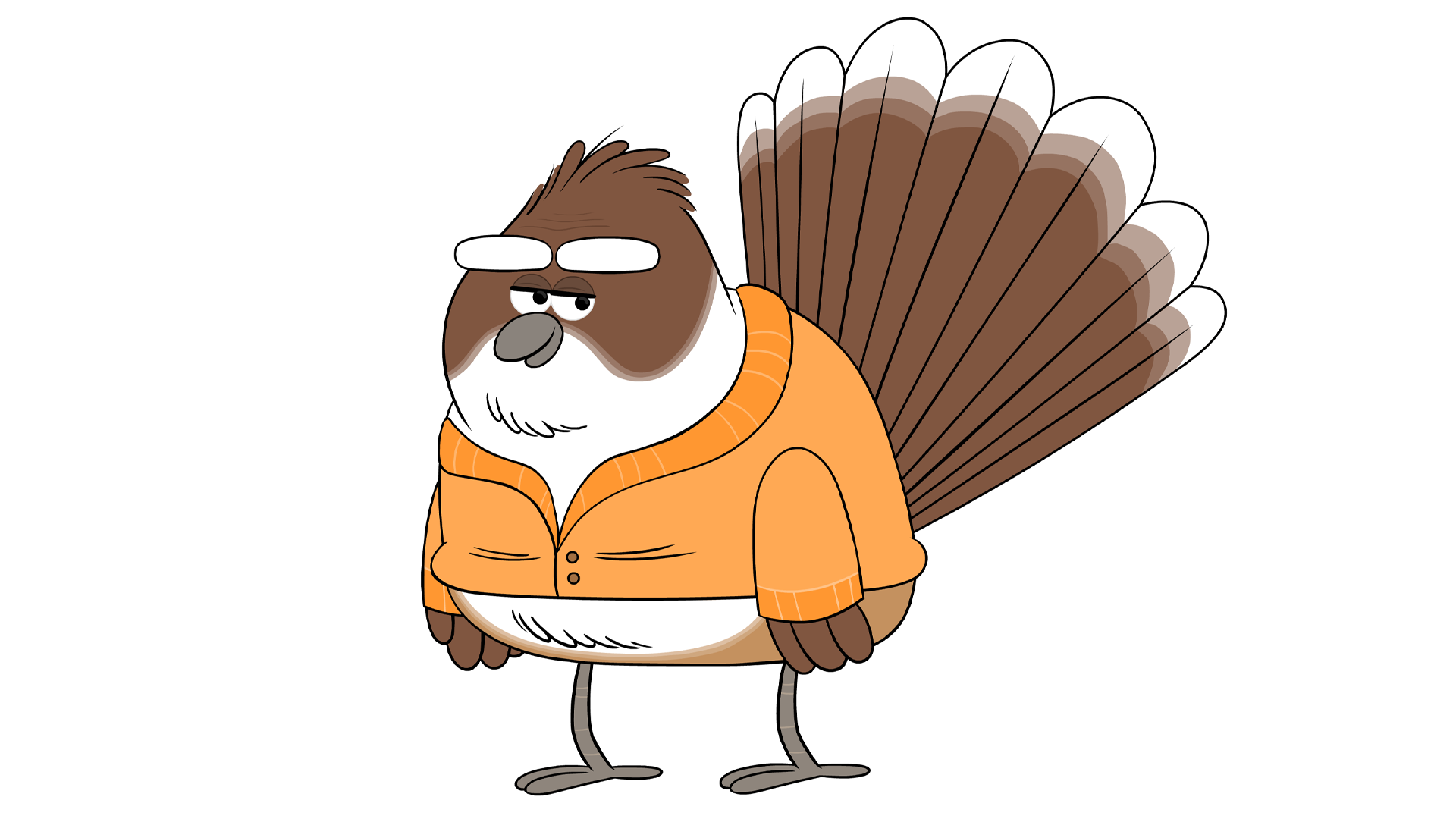 A cartoon turkey wearing an orange jacket with a neutral expression.