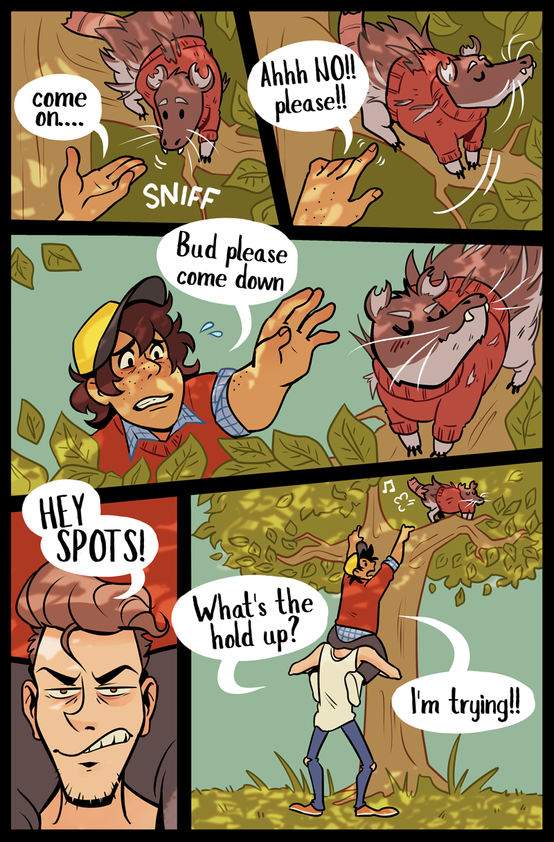 A comic strip featuring a raccoon and a dog hiding in leaves, a girl calling to her dog, and a man trying to climb a tree. The dog refuses to come down, and the girl raises her hand to help. The man struggles to hold onto a branch as the dog laughs o