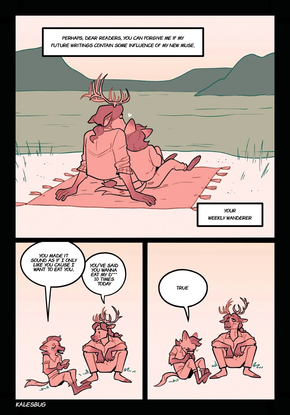 A comic strip featuring two anthropomorphic animal characters, a deer and a fox, sitting on a blanket by a lake with mountains in the background, having a conversation.