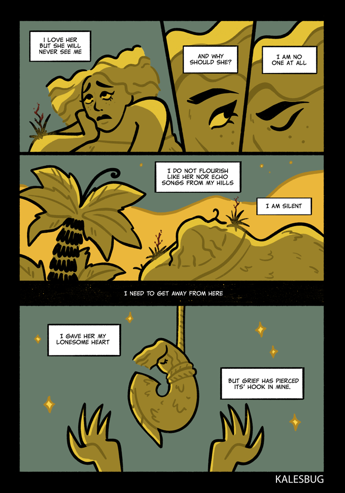 A sad woman lying on her side on a hill, with her hand supporting her head. The comic shows her reflecting on her unrequited love, feeling silent and disconnected from the world around her, with imagery of a leaf and a hook, symbolizing grief.