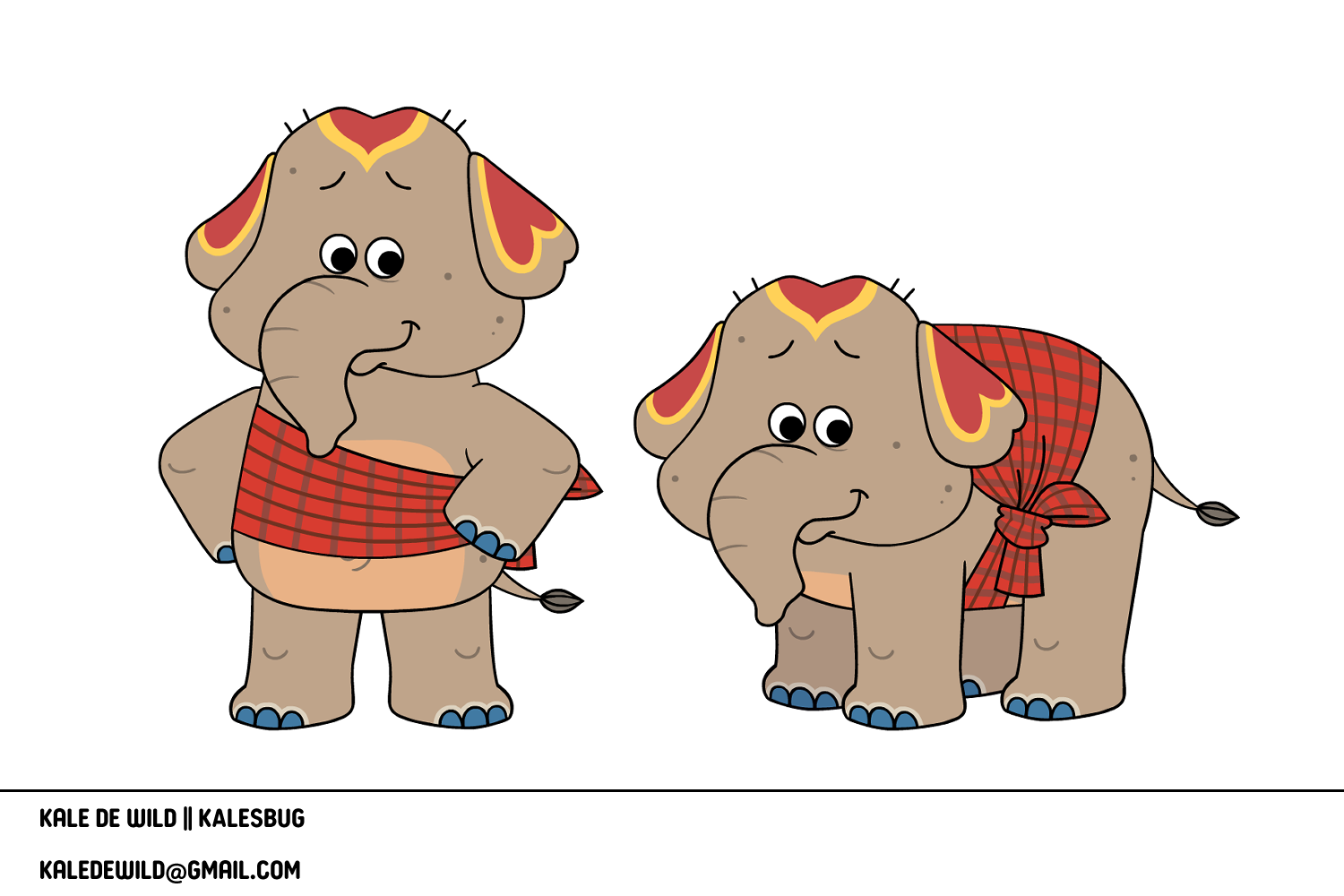 Two cartoon elephants wearing red checkered clothing, one standing with hand on hip and the other looking sad.