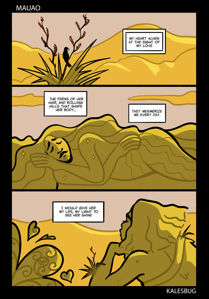 A comic strip features a woman in a desert landscape with hills, plants, and cacti. She expresses her love and longing, describing her heart aching and her admiration for her loved one, with a focus on her feelings and the desert scenery.