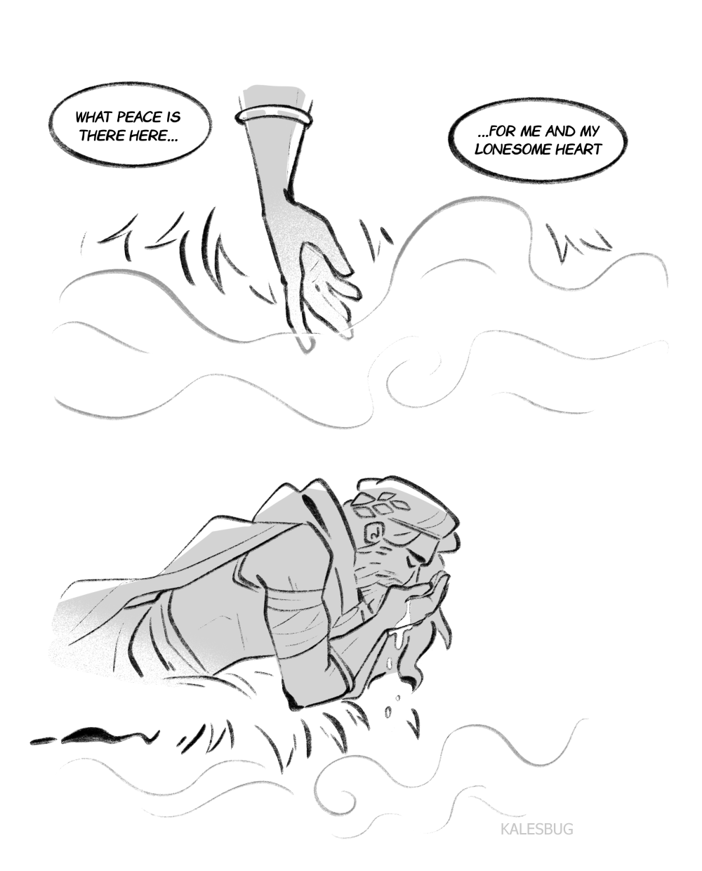 A drawing of a hand reaching out over water with two speech bubbles. The first says, 'What peace is there here...' and the second says, '...for me and my lonesome heart.' Below, a woman is kneeling, covering her face with her hands, appearing upset.