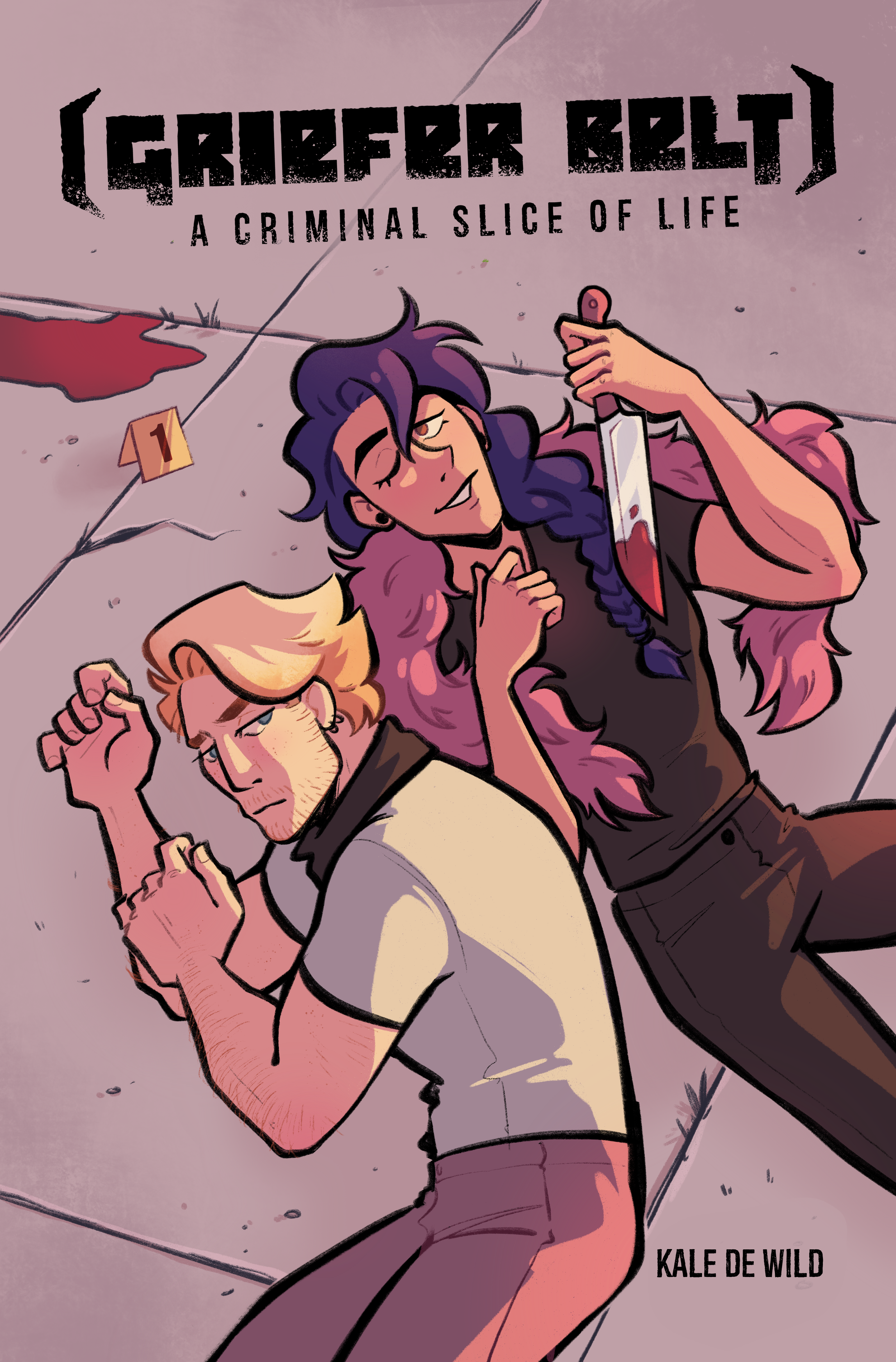 Cartoon-style illustration of two people lying on the ground, one with purple hair and the other with blond hair, holding a bloody knife and appearing to be dead or unconscious. The background features a tiled floor with a bloodstain and a crime scene marker. The text on the image reads 'Crimes of Hell: A Criminal Slice of Life' and 'Kale de Wild'.