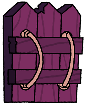 A wooden purple gate with two hooks attached to handles.