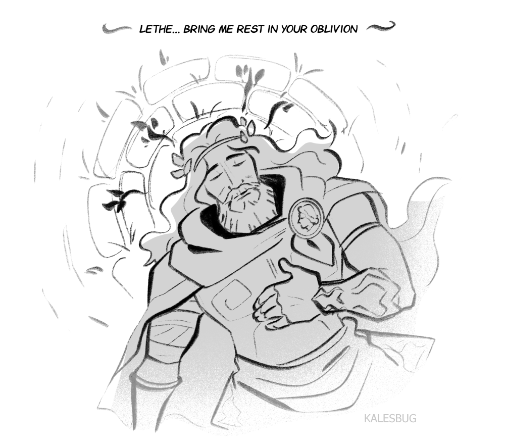 Drawing of a bearded man with long hair lying down surrounded by broken glass, with a pained expression, wearing a thor-like armor with a circular emblem. The text above him reads, "Lethe... Bring me rest in your oblivion."