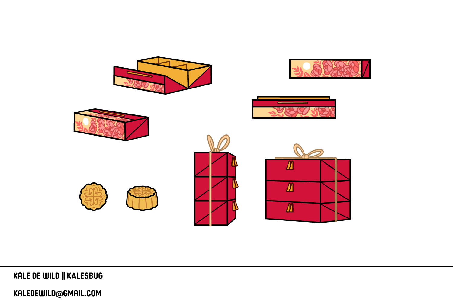 Digital illustration of assorted boxes, cookies, and wrapped gifts in red and gold colors, with text at the bottom that reads 'Kale de Wild || Kalesbug, kaledewild@gmail.com'.