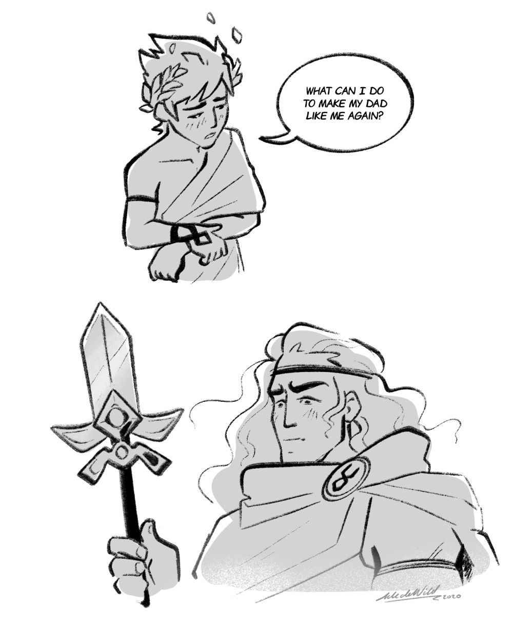 A young person with disheveled hair, looking distressed and holding their arm, says, 'What can I do to make my dad like me again?' in a speech bubble. Below, a powerful warrior with long hair, wearing a headband and cloak, holds a sword and looks ser