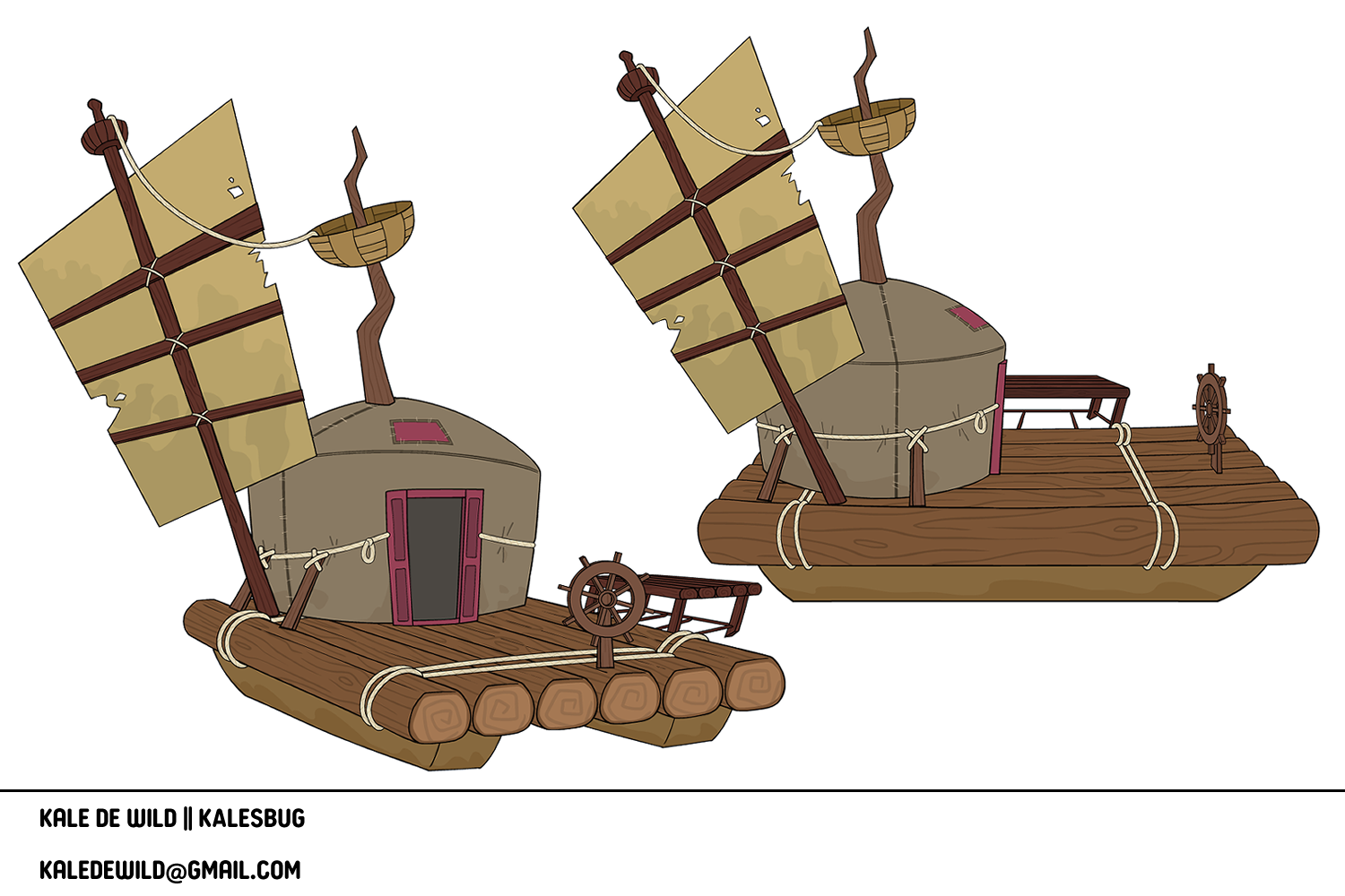 Two cartoon-style flying ships resembling windmills with sails made of beige panels, surrounded by wooden decks with railings and steering wheels.