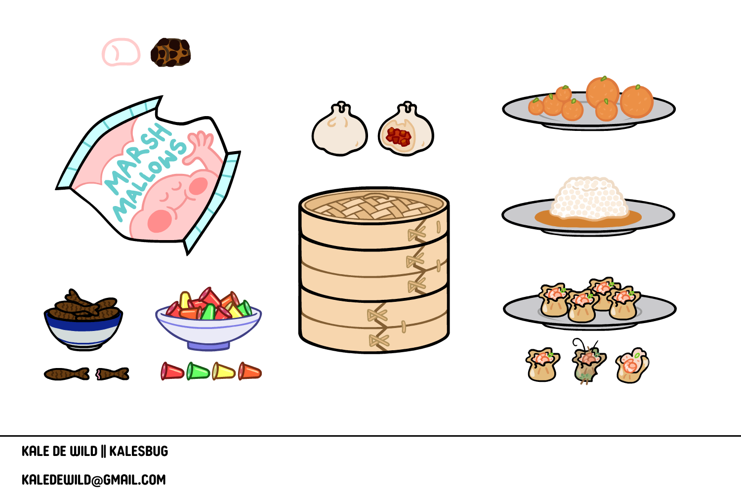 Illustration of Chinese dim sum foods including steamers with dumplings and shrimp dumplings, plates of oranges, bowls with spicy peanuts and colorful candies, a packet of marshmallows, and various seafood decorations, with contact information at the