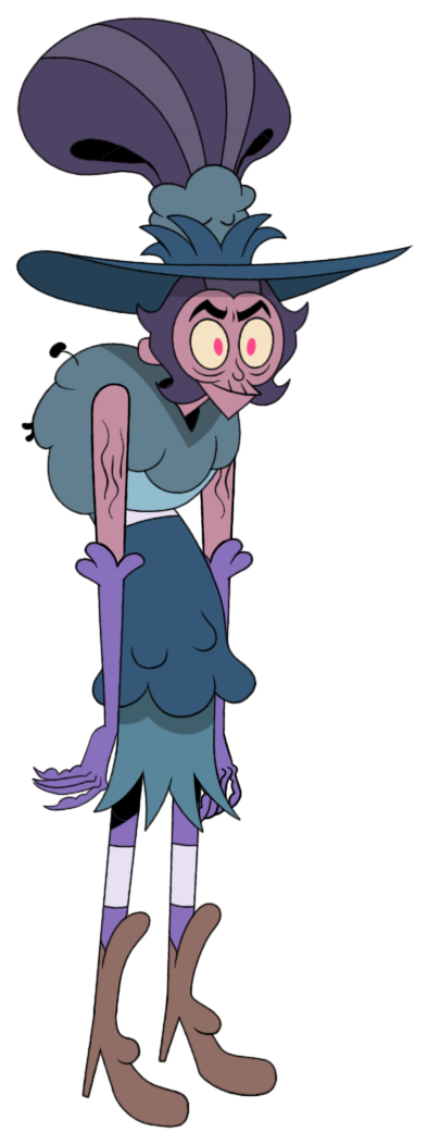 Animated witch with a large purple hat, pink eyes, and ragged clothes, standing with a mischievous expression.