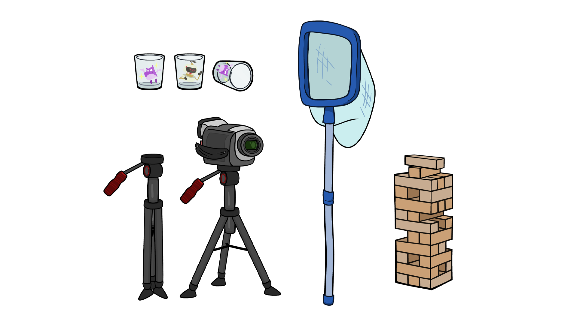 A digital illustration featuring cameras on tripods, a selfie stick with a smartphone, a stacking of bricks, and three glasses with cartoon characters, including a purple monster and a black and yellow bee inside.