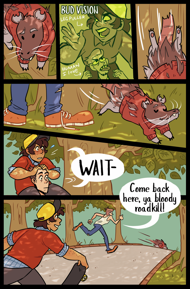 A comic strip showing a raccoon in a jacket rolling on the ground, a girl doing a superhero pose called 'Bud Vision' and showing love, a boy and girl hiding behind a tree, a boy running after a raccoon calling it a bloody roadkill, and a raccoon runn