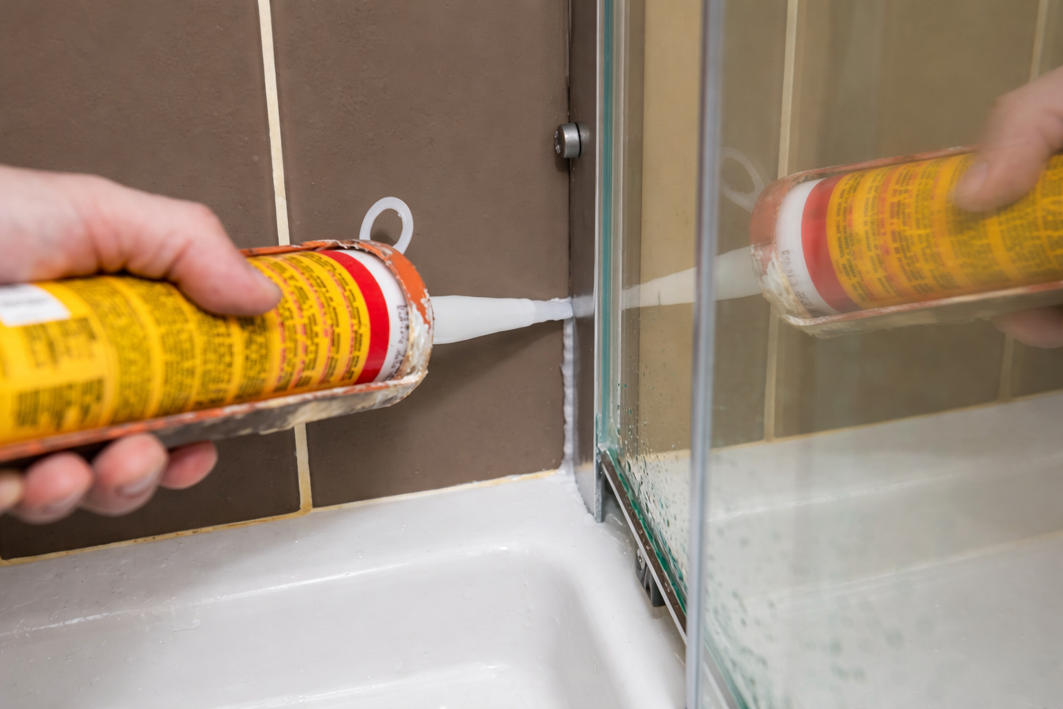 Silicone sealing applied to shower corner between glass panel and tiles Auckland