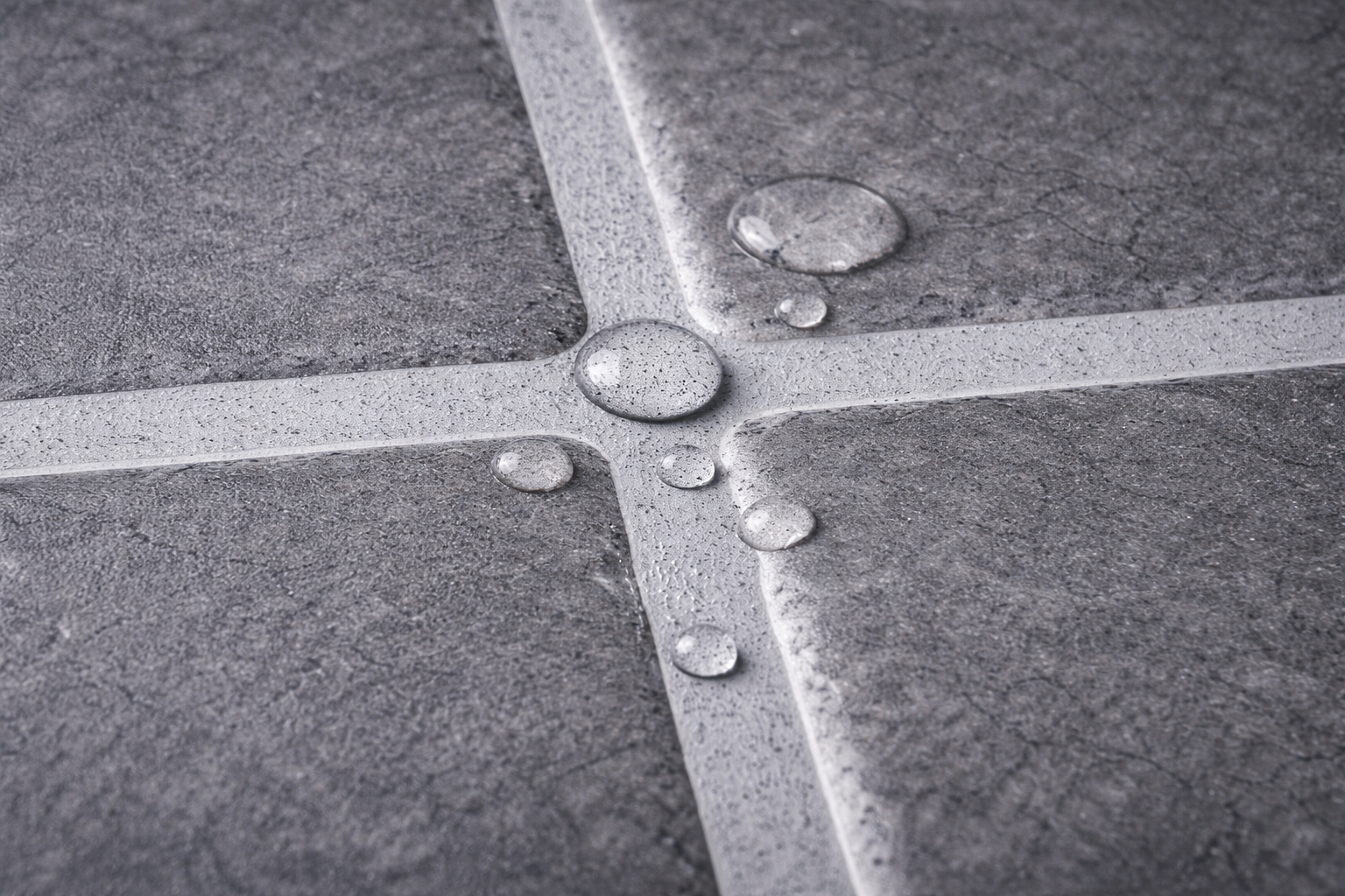 Waterproof epoxy grout between grey tiles with water droplets beading on the surface