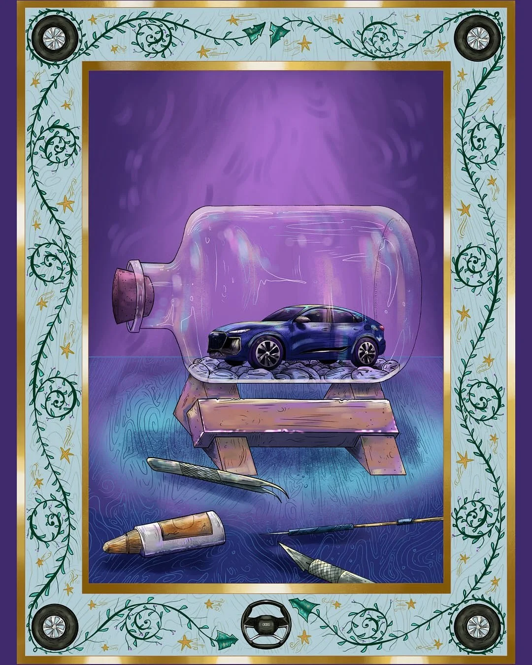 Audi Poster! but make it whimsical🧙🏻&zwj;♀️✨ 

~~~~~~~~~~~~~~~~~~~~~~~~~~~~~
#illustration #ilustracion #advertisment #artistachilena