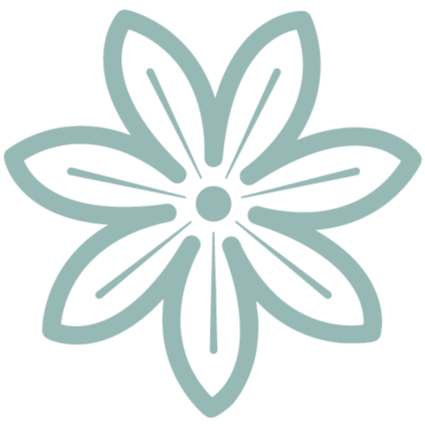 A stylized, minimalist illustration of a flower with six petals and a round center, in light blue color.