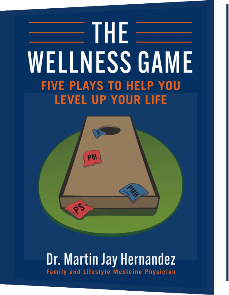 Book cover titled 'The Wellness Game: Five Plays to Help You Level Up Your Life' by Dr. Martin Jay Hernandez, a family and lifestyle medicine physician. The cover features a board game illustration with cards labeled 'PS', 'PM', and 'PMH'.