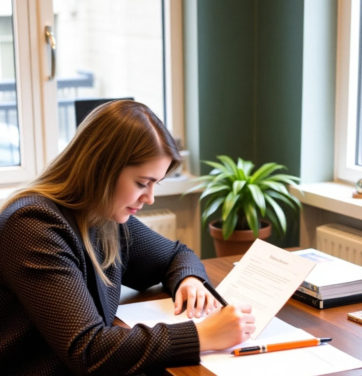 A woman with brown hair, wearing a black patterned sweater, sitting at a desk reading a document, with a pen in hand, nearby a potted plant and some stacked books on the desk.
