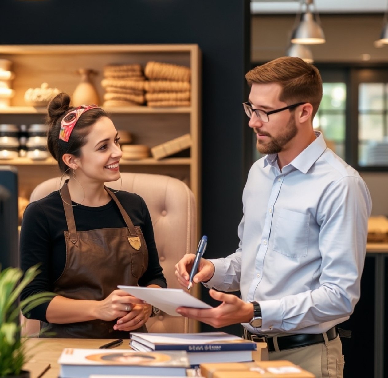 A young woman with a headscarf and apron looks happily at a man in glasses who is holding a pen and a notepad, standing in a cozy kitchen or café setting.