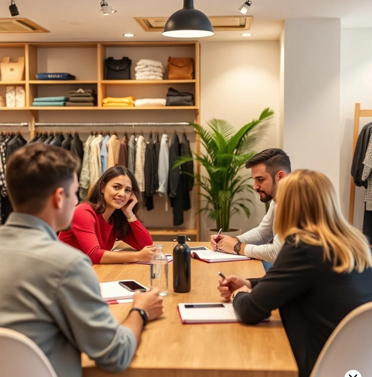 Four people sit around a wooden table in a clothing store, having a discussion. There are shelves with clothes in the background and a large potted plant. One woman is smiling as she listens, while others are taking notes or holding pens.