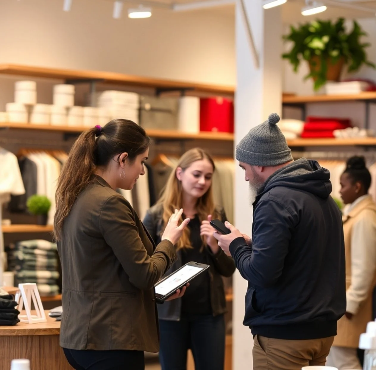 Three people, two women and one man, are shopping in a clothing store, looking at their phones and talking. There are shelves with folded clothes in the background.