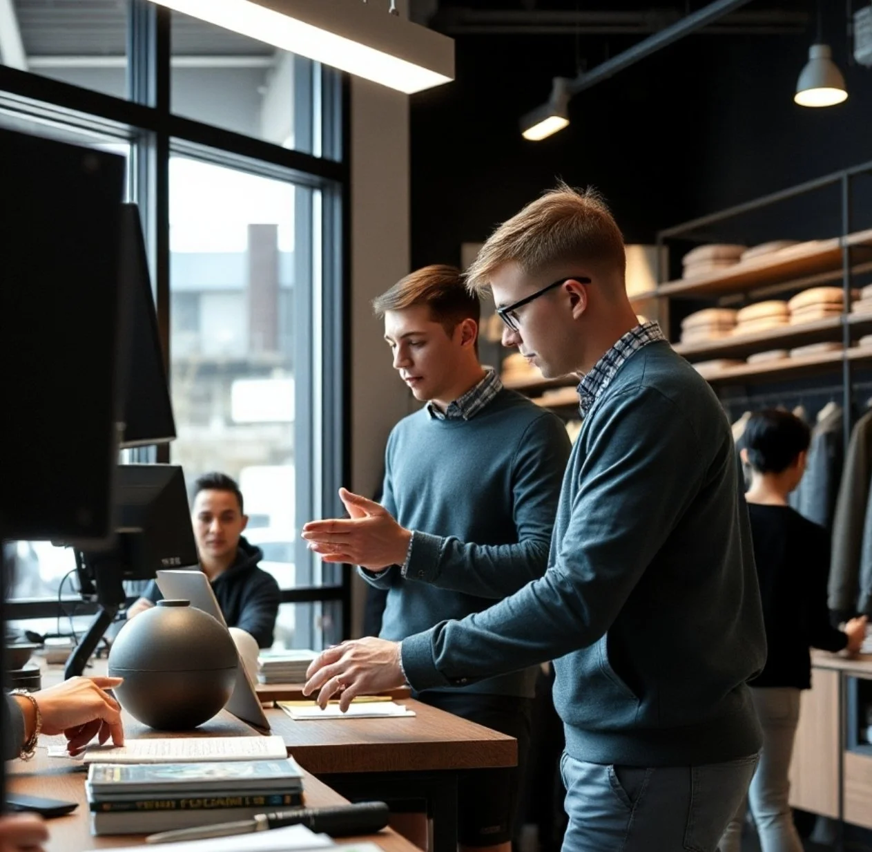 Two young men engaged in conversation at a retail store counter, with a woman behind on a computer and shelves of neatly folded clothes in the background.