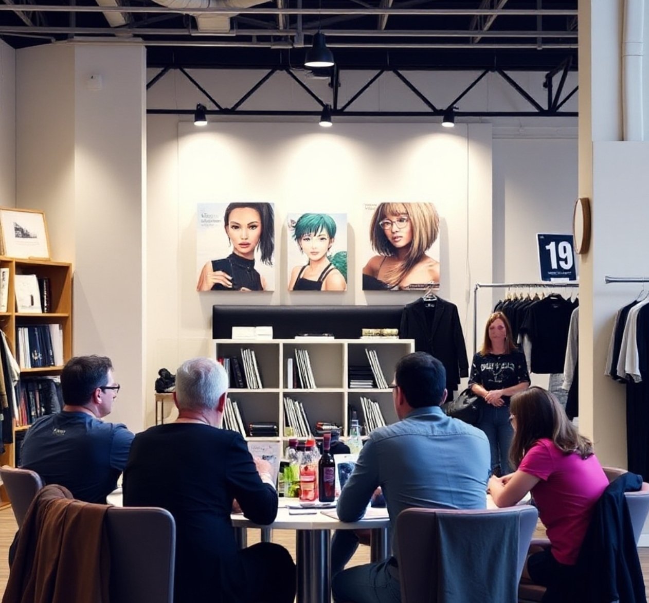A group of five people seated at a table in a modern bookstore or gallery, with hairstyles and fashion magazines on display in the background, and framed portraits of women on the wall.