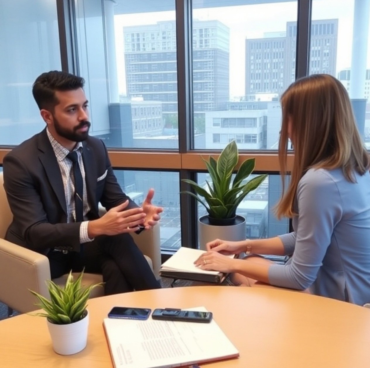 A man and woman having a business discussion in a modern office with large windows showing a cityscape.